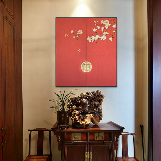 Commercial Suzhou Full Embroidery — framed, simulated silk, soft luster. Dual craftsmanship. Wholesale for decor firms, commercial use; home use too. Art decor for hotels, offices, residences.GorgeousRed Courtyards with Jade StepsⅡ-海智集-