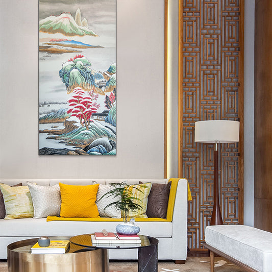 Commercial Suzhou Full Embroidery — framed, simulated silk, soft luster. Dual craftsmanship. Wholesale for decor firms, commercial use; home use too. Art decor for hotels, offices, residences.GorgeousSnowscape of Lake and Mountains-海智集-