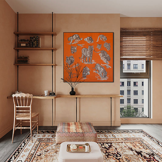 Commercial Suzhou Full Embroidery — framed, simulated silk, soft luster. Dual craftsmanship. Wholesale for decor firms, commercial use; home use too. Art decor for hotels, offices, residences.GorgeousTiger's Roar II-海智集-