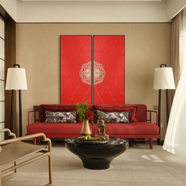 Commercial Suzhou Full Embroidery — framed, simulated silk, soft luster. Dual craftsmanship. Wholesale for decor firms, commercial use; home use too. Art decor for hotels, offices, residences.Great Red Gate-海智集-