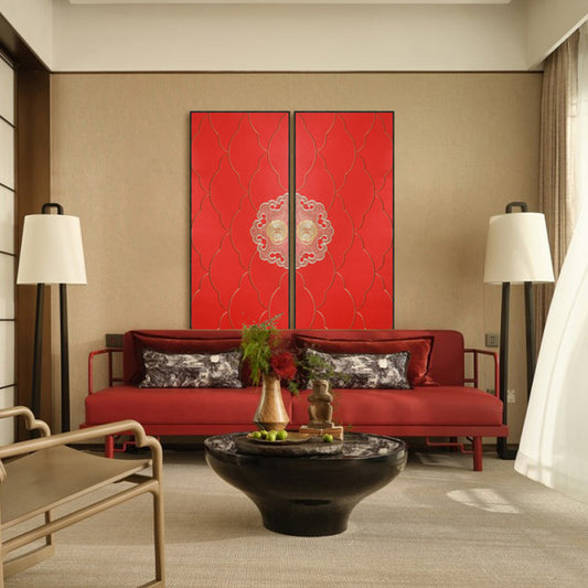 Commercial Suzhou Full Embroidery — framed, simulated silk, soft luster. Dual craftsmanship. Wholesale for decor firms, commercial use; home use too. Art decor for hotels, offices, residences.Great Red Gate-海智集-