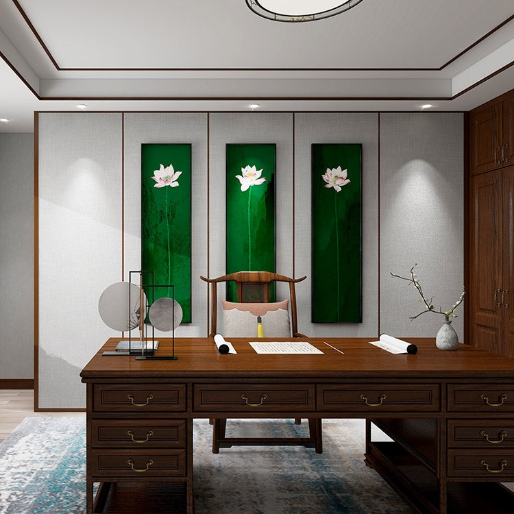 Commercial Suzhou Full Embroidery — framed, simulated silk, soft luster. Dual craftsmanship. Wholesale for decor firms, commercial use; home use too. Art decor for hotels, offices, residences.Greenery in the Lotus Breeze-海智集-