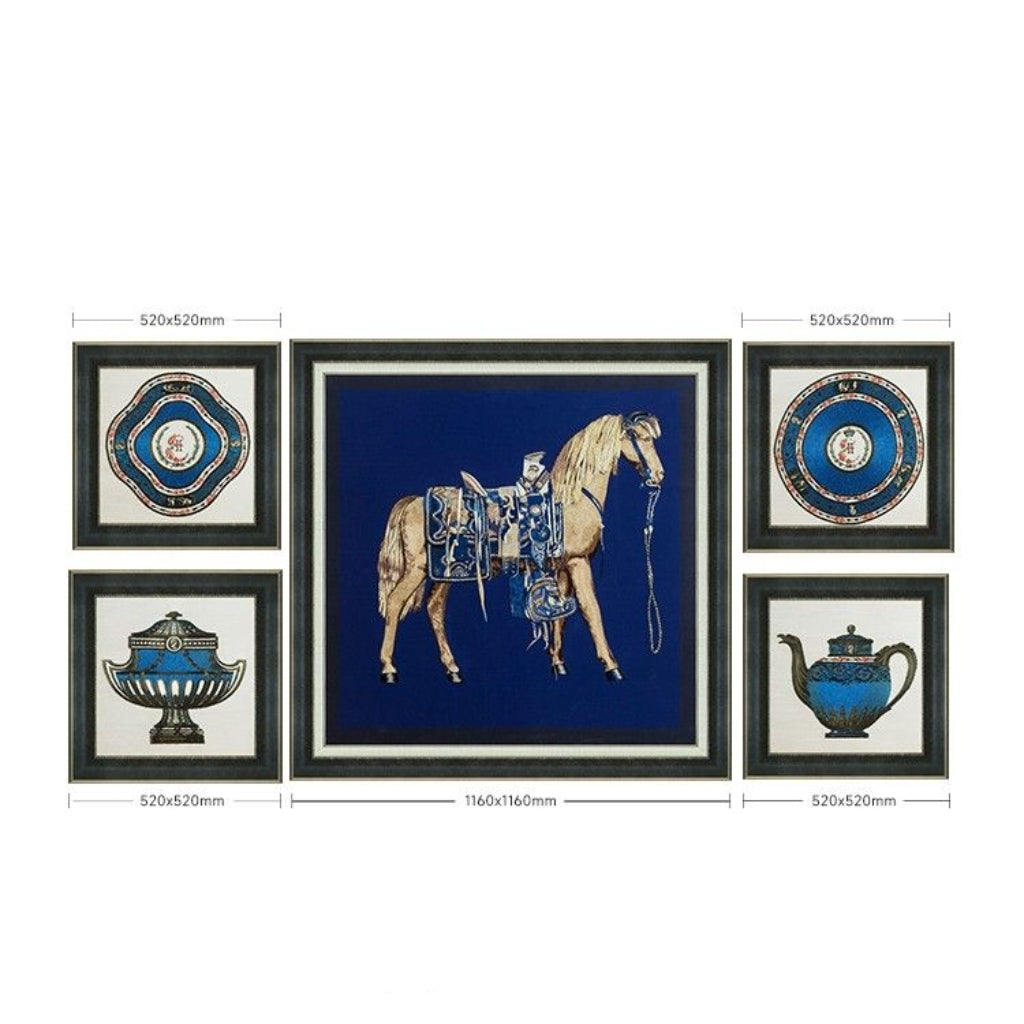 Commercial Suzhou Full Embroidery — framed, simulated silk, soft luster. Dual craftsmanship. Wholesale for decor firms, commercial use; home use too. Art decor for hotels, offices, residences.Hermès - Blue-海智集-