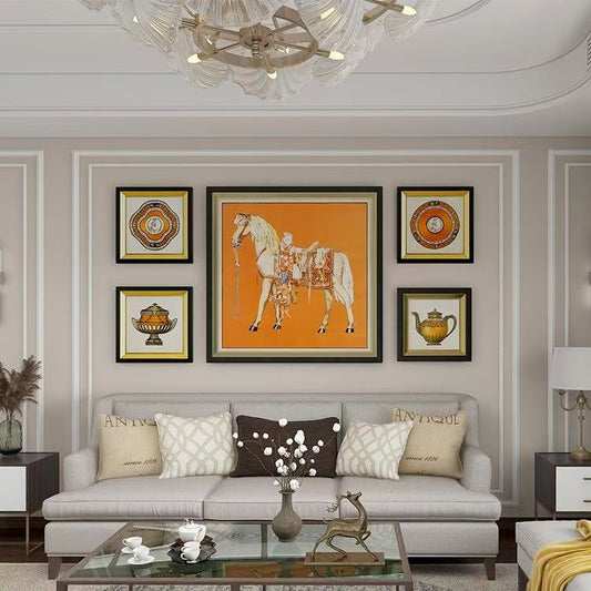 Commercial Suzhou Full Embroidery — framed, simulated silk, soft luster. Dual craftsmanship. Wholesale for decor firms, commercial use; home use too. Art decor for hotels, offices, residences.Hermès - Yellow-海智集-