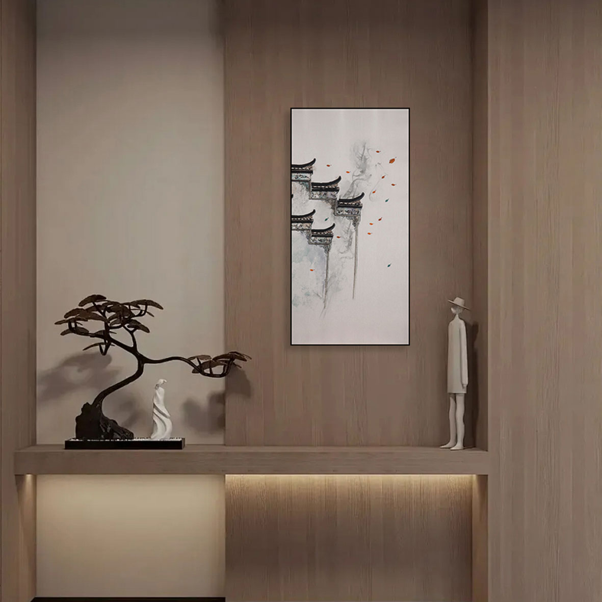 Commercial Suzhou Full Embroidery — framed, simulated silk, soft luster. Dual craftsmanship. Wholesale for decor firms, commercial use; home use too. Art decor for hotels, offices, residences.Ink - dyed-海智集-