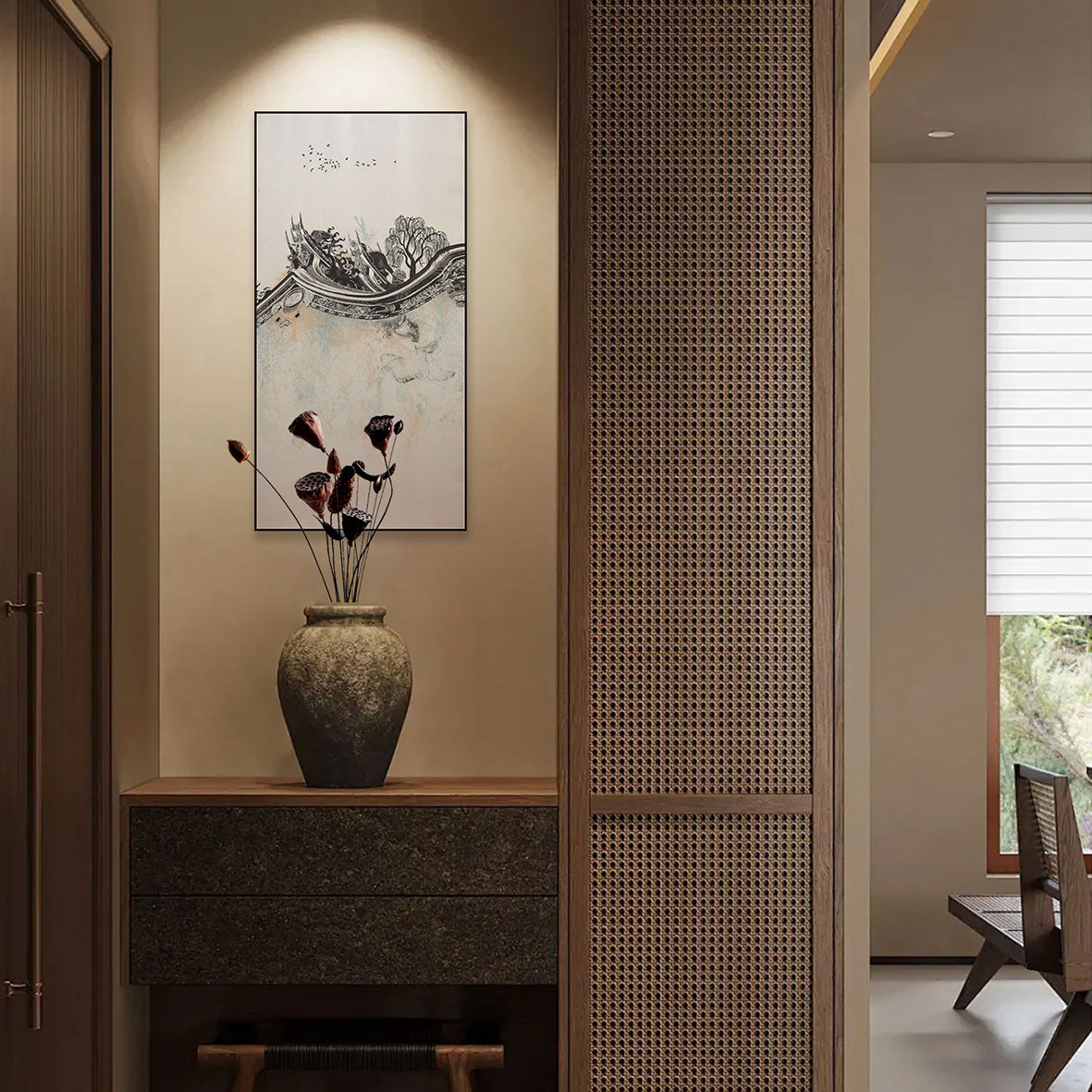 Commercial Suzhou Full Embroidery — framed, simulated silk, soft luster. Dual craftsmanship. Wholesale for decor firms, commercial use; home use too. Art decor for hotels, offices, residences.Ink - dyed-海智集-