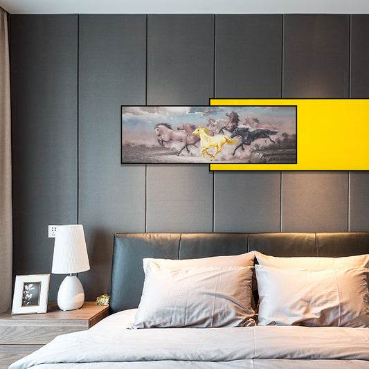 Commercial Suzhou Full Embroidery — framed, simulated silk, soft luster. Dual craftsmanship. Wholesale for decor firms, commercial use; home use too. Art decor for hotels, offices, residences.Picture of Eight Steeds-海智集-
