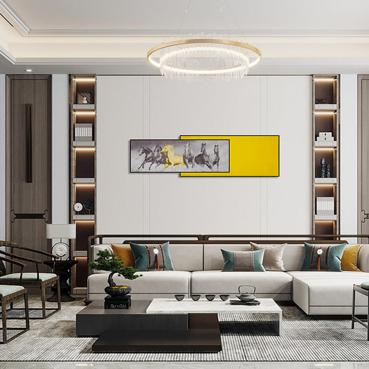 Commercial Suzhou Full Embroidery — framed, simulated silk, soft luster. Dual craftsmanship. Wholesale for decor firms, commercial use; home use too. Art decor for hotels, offices, residences.Picture of Six Steeds-海智集-