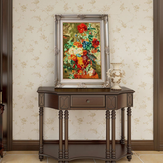 Commercial Suzhou Full Embroidery — framed, simulated silk, soft luster. Dual craftsmanship. Wholesale for decor firms, commercial use; home use too. Art decor for hotels, offices, residences.Prince Vase-海智集-