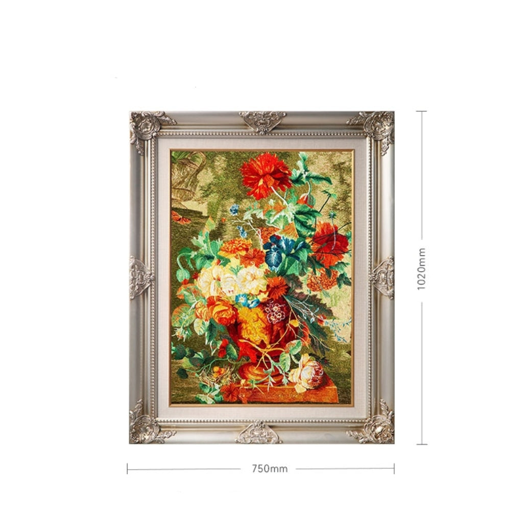 Commercial Suzhou Full Embroidery — framed, simulated silk, soft luster. Dual craftsmanship. Wholesale for decor firms, commercial use; home use too. Art decor for hotels, offices, residences.Prince Vase-海智集-