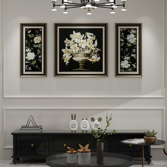 Commercial Suzhou Full Embroidery — framed, simulated silk, soft luster. Dual craftsmanship. Wholesale for decor firms, commercial use; home use too. Art decor for hotels, offices, residences.Three - piece Lotus Series-海智集-