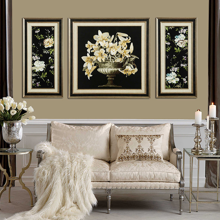 Commercial Suzhou Full Embroidery — framed, simulated silk, soft luster. Dual craftsmanship. Wholesale for decor firms, commercial use; home use too. Art decor for hotels, offices, residences.Three - piece Lotus Series-海智集-