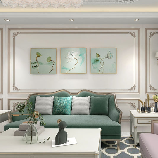 Commercial Suzhou Full Embroidery — framed, simulated silk, soft luster. Dual craftsmanship. Wholesale for decor firms, commercial use; home use too. Art decor for hotels, offices, residences.Three - piece Lotus Series-海智集-