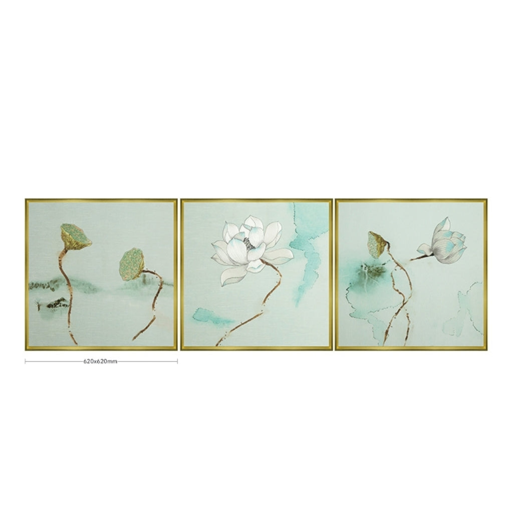 Commercial Suzhou Full Embroidery — framed, simulated silk, soft luster. Dual craftsmanship. Wholesale for decor firms, commercial use; home use too. Art decor for hotels, offices, residences.Three - piece Lotus Series-海智集-