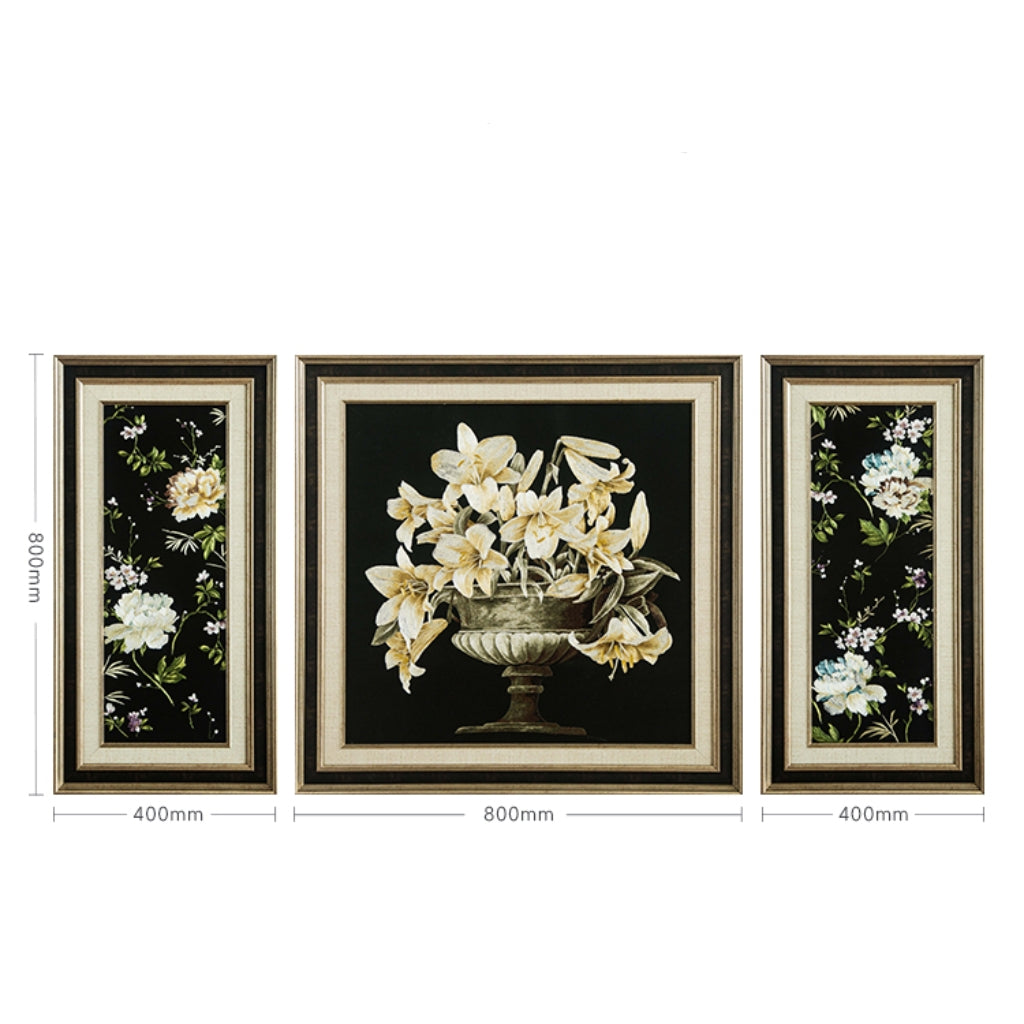 Commercial Suzhou Full Embroidery — framed, simulated silk, soft luster. Dual craftsmanship. Wholesale for decor firms, commercial use; home use too. Art decor for hotels, offices, residences.Three - piece Lotus Series-海智集-
