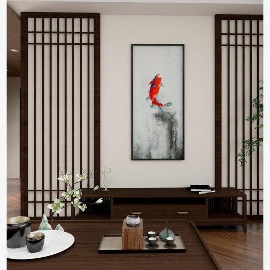Commercial Suzhou Full Embroidery — framed, simulated silk, soft luster. Dual craftsmanship. Wholesale for decor firms, commercial use; home use too. Art decor for hotels, offices, residences.Zen Carp-海智集-