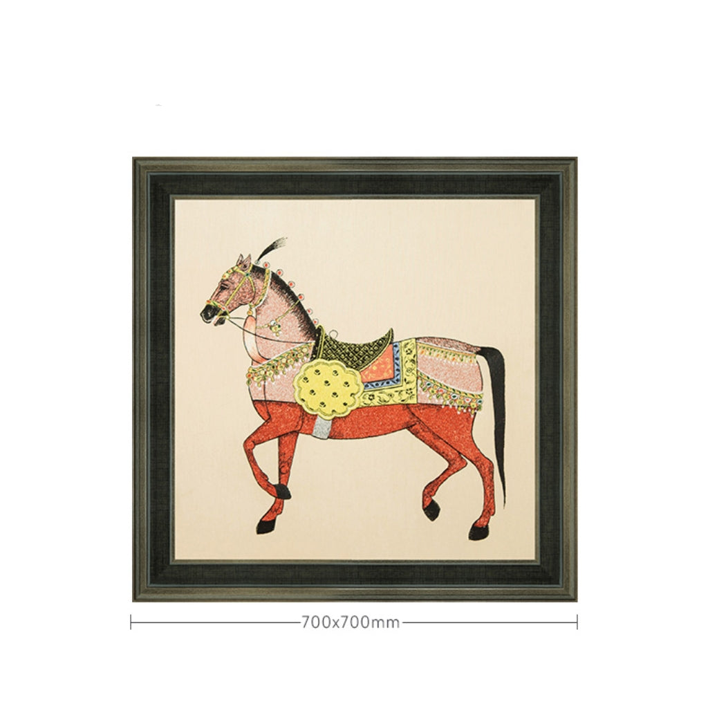Commercial Suzhou Full Embroidery — framed, simulated silk, soft luster. Dual craftsmanship. Wholesale for decor firms, commercial use; home use too. Art decor for hotels, offices, residences.Palace Horses-海智集-