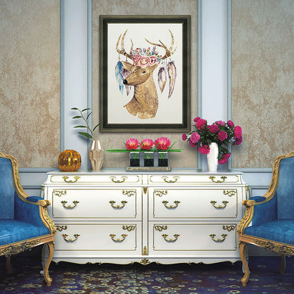 Commercial Suzhou Full Embroidery — framed, simulated silk, soft luster. Dual craftsmanship. Wholesale for decor firms, commercial use; home use too. Art decor for hotels, offices, residences.Flowers and Deer-海智集-