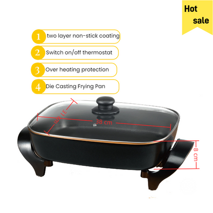 1500W Electric Square Frying Pan Non-Stick Die-Cast Aluminum Cooking Surface Temperature Adjustable Mechanical Tempered Glass-海智集-