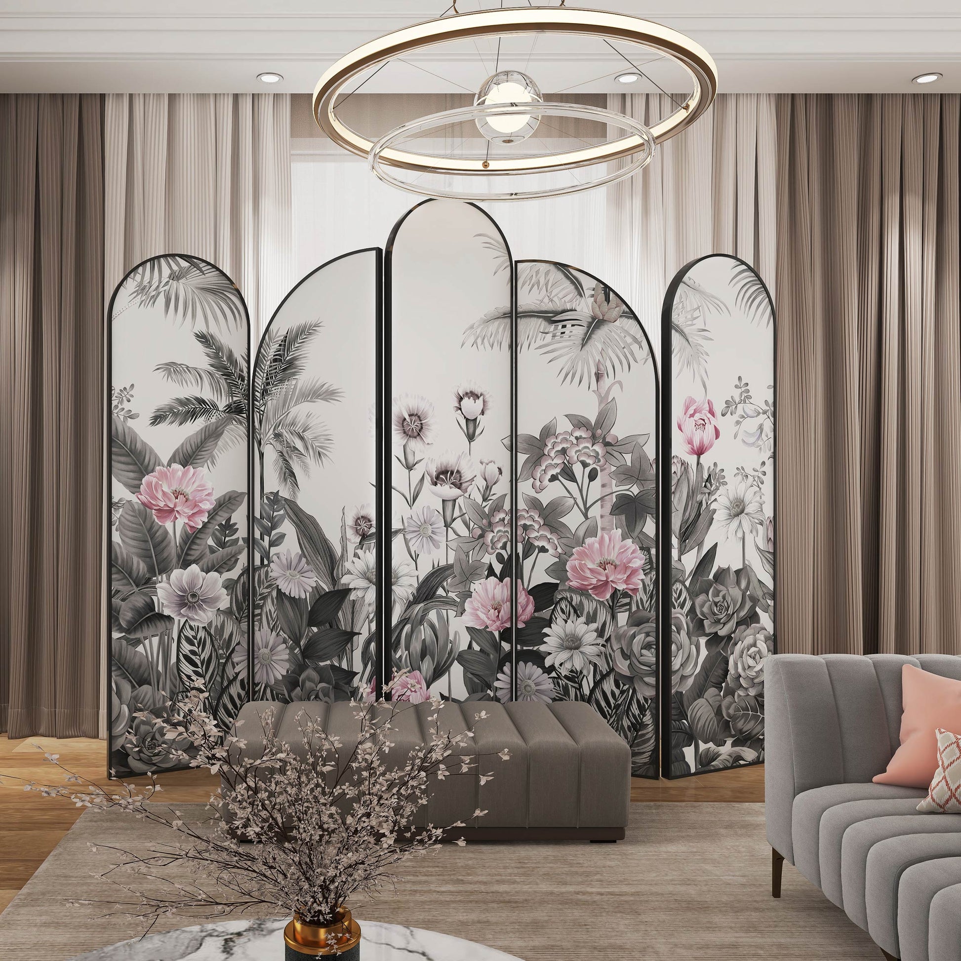 High-End_Customizable_Painted_Embroidered_Jacquard_Screen_B2B_Wholesale_for_Commercial_Spaces_Project_Procurement.Flowers_Competing_in_the_Forest-海智集-
