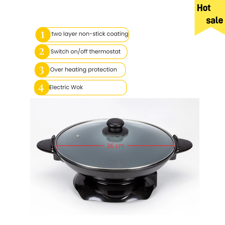 Round Non-Stick Electric Wok with Self-Control Thermostat Aluminum Glass Lid Multifunction for Household Hotel Use-海智集-