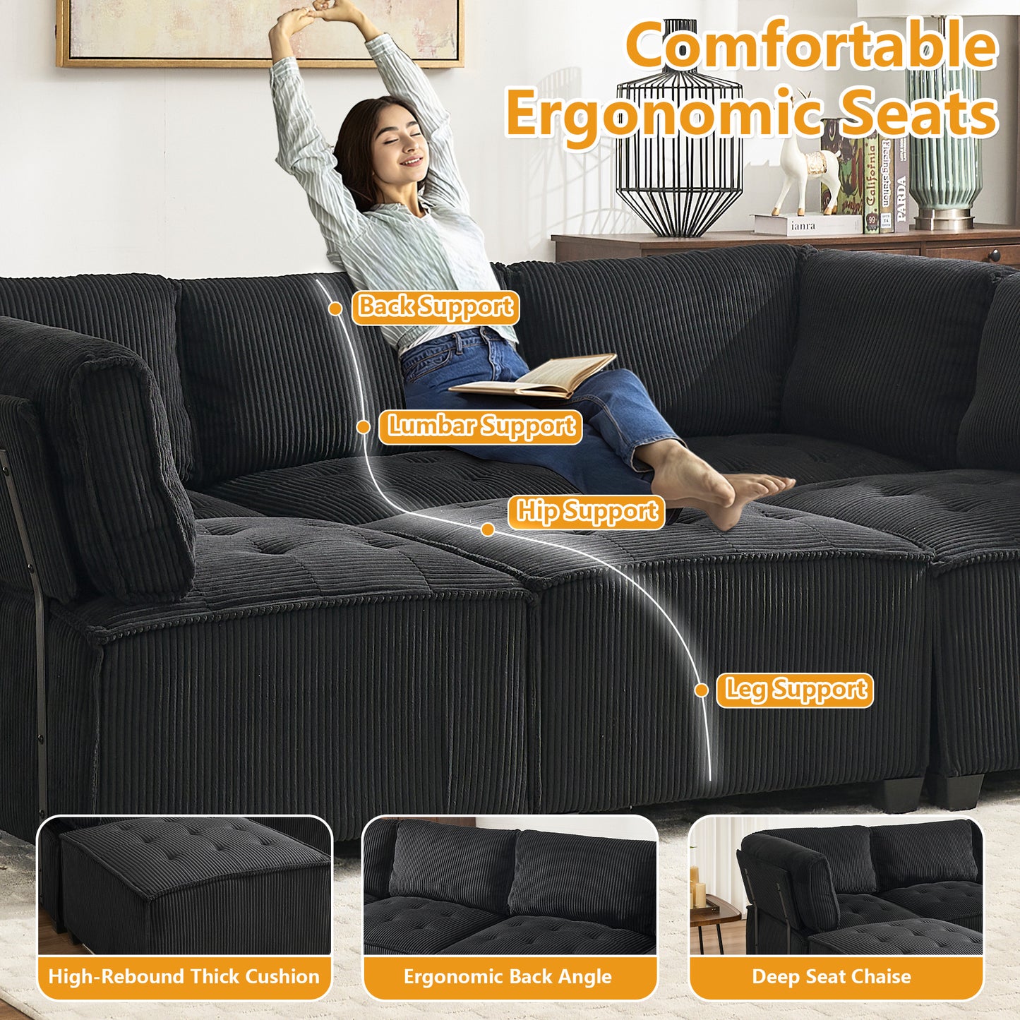 UNITED WE WIN Modular Sectional Sofa U Shaped Modular Couch with Reversible Chaise Modular Sofa Sectional Couch,6- Seat Convertible Sofa,Fit for Living Room-海智集-Default-