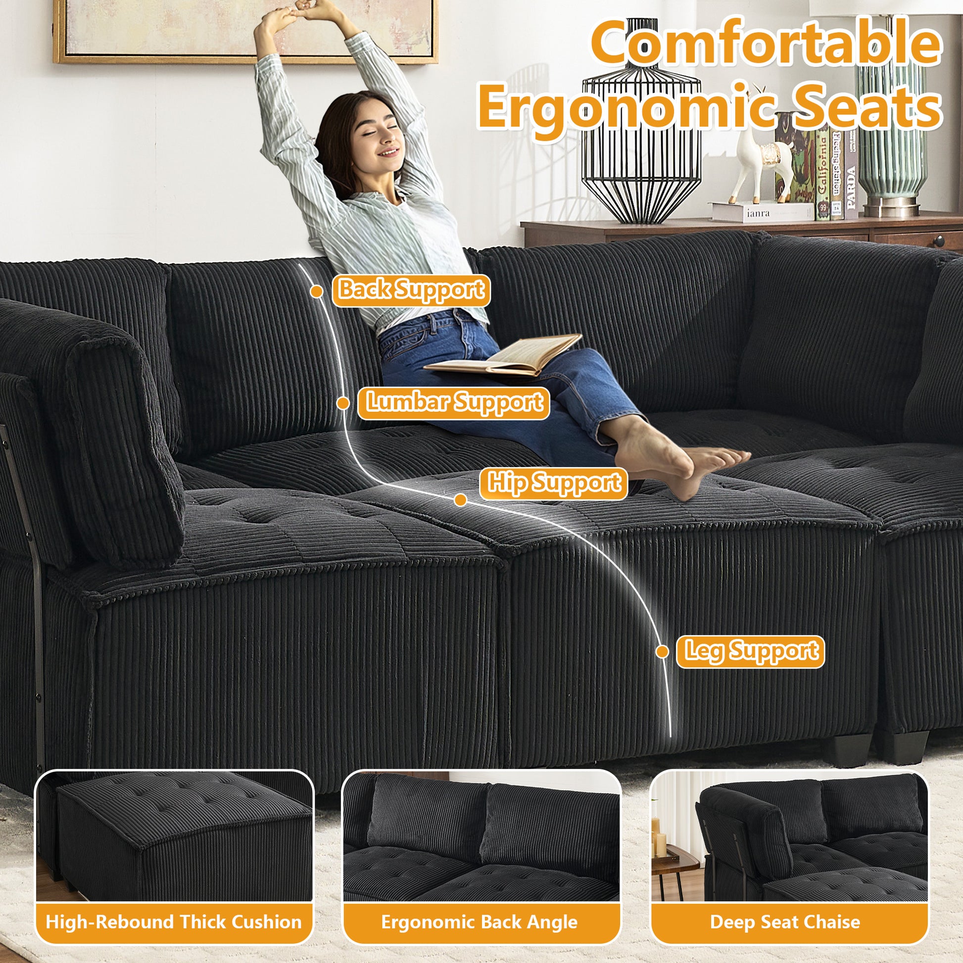 UNITED WE WIN Modular Sectional Sofa U Shaped Modular Couch with Reversible Chaise Modular Sofa Sectional Couch,6- Seat Convertible Sofa,Fit for Living Room-海智集-Default-