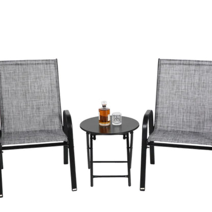 3 Piece Patio set, Outdoor Camping Chairs with Breathable Textilene Fabric, folding table with steel table top, 2chairs and 1table set ( Grey)-海智集-Default-