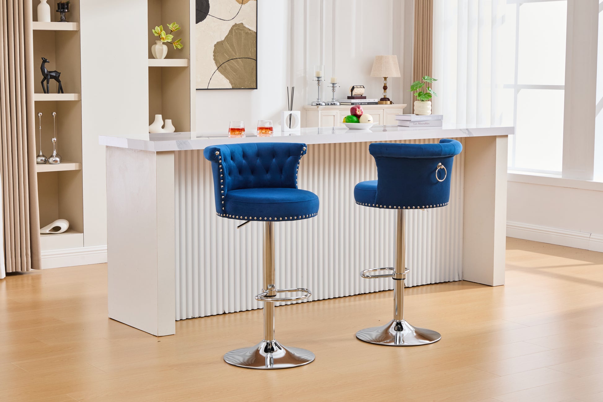 COOLMORE Velvet Bar Stool Set of 2, Adjustable Swivel Bar Stools with Silver Plated Metal Leg, Chrome Nailhead, Counter Height Chair for Kitchen,Dining Room-海智集-Default-