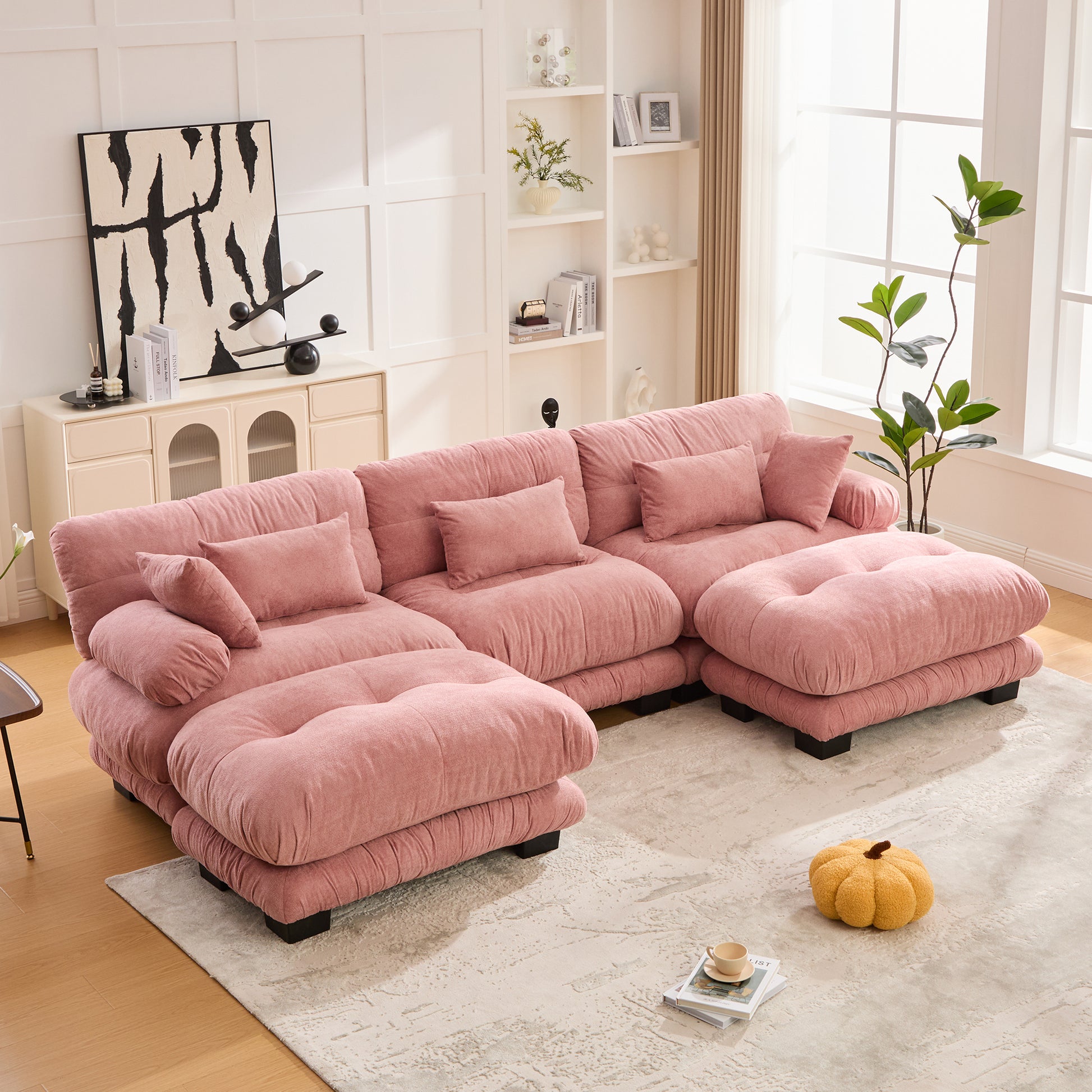 UNITED WE WIN Pelletized velvet U Shape Cloud Couch with 2 Ottomans,Free Combined 3 Seater Comfy Sofa with Bolster Armrest Pillows, sofa for Living Room-海智集-Default-