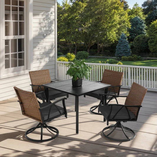5 Piece Patio Dining Set for 4,Outdoor Wicker Furniture Set for Backyard Garden Deck Poolside with 4 Cushions Swivel Rocker Chairs,steel Table Top, Removable Cushions-海智集-Default-