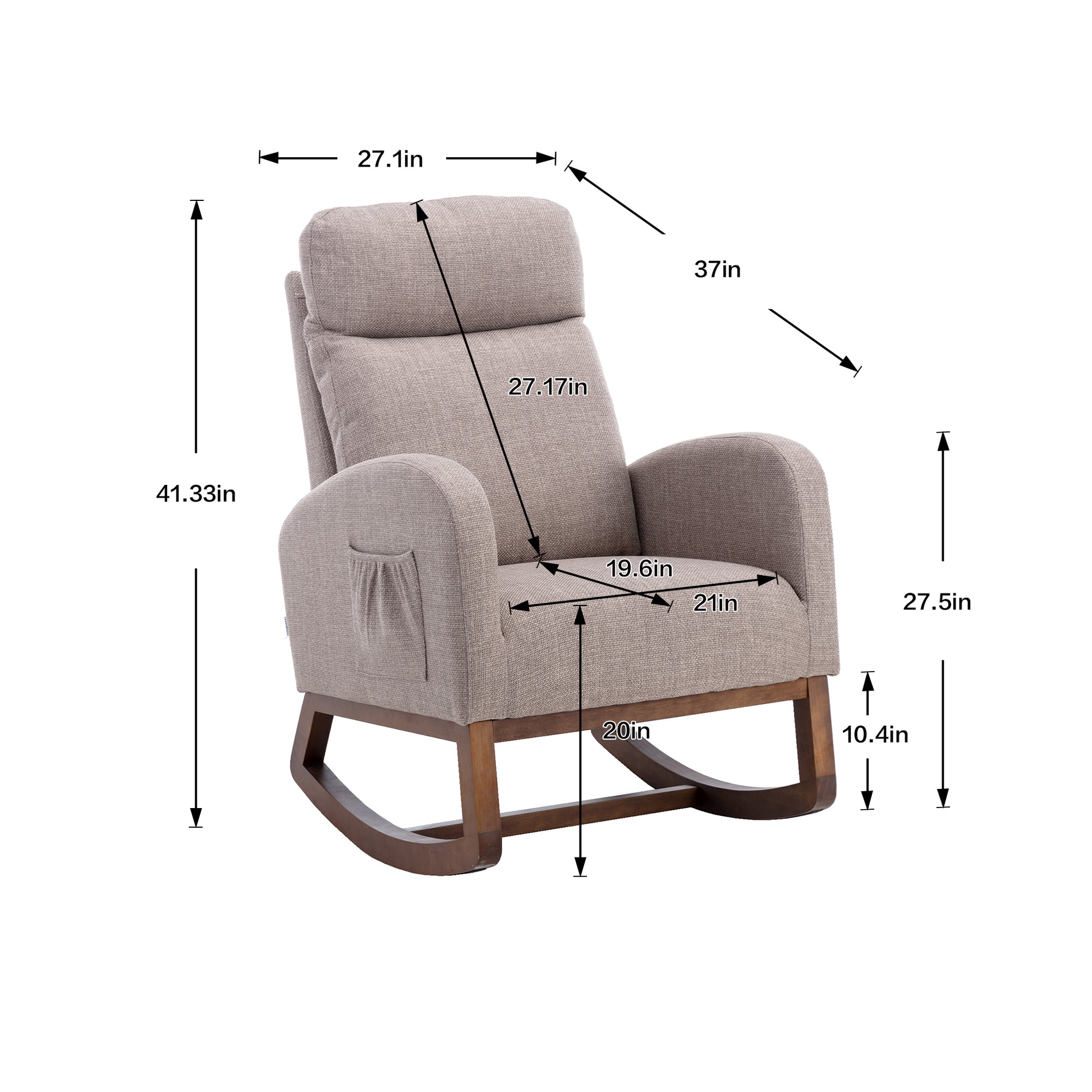 Rocking Chair, Modern Glider Chair, Recliner Armchair with Wood Legs and Side Pocket, Nursery Rocking Accent Chair with High Back for Living Room Bedroom (Grey linen)-海智集-Default-