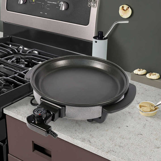 32cm Two-Layer Non-Stick Electric Pizza Pan with 1500w Aluminum Lid Tempered Glass Cover for Household Use OEM PTFE-海智集-