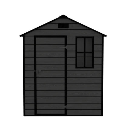 Campcraft 6*6ft resin storage shed, high quality pp material, strong structure, waterproof, rust and UV proof, large storage space, 12mm thick pp board, HD window lighting Black wood grain color-海智集-Default-