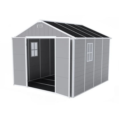 Campcraft 8*8ft resin storage shed, high quality pp material, strong structure, waterproof, rust and UV proof, large storage space, 12mm thick pp board, HD window lighting-海智集-Default-