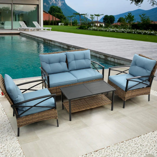 Patio 4 piece sectional low dining conversation sofa set- KD rattan wicker outdoor garden furniture corner sofa set with cushion.-海智集-Default-