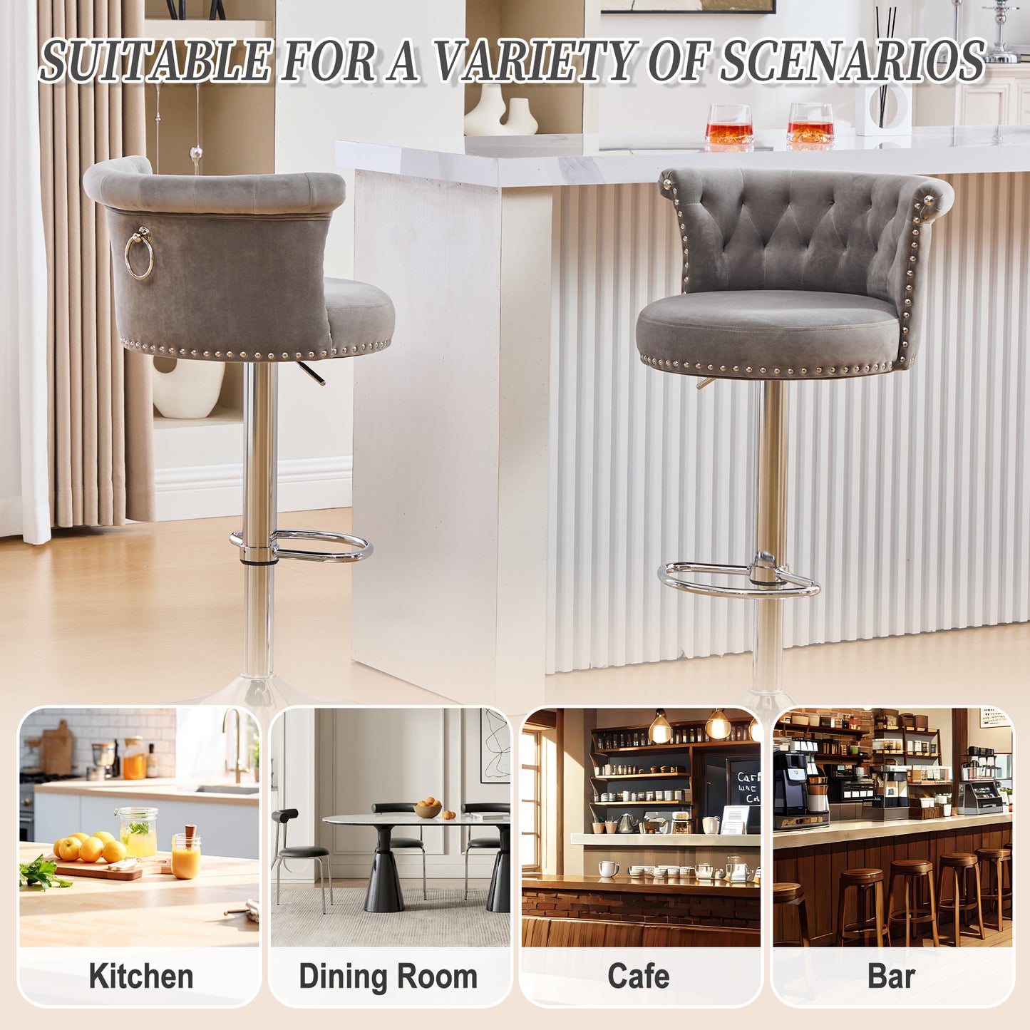 COOLMORE Velvet Bar Stool Set of 2, Adjustable Swivel Bar Stools with Silver Plated Metal Leg, Chrome Nailhead, Counter Height Chair for Kitchen,Dining Room-海智集-Default-