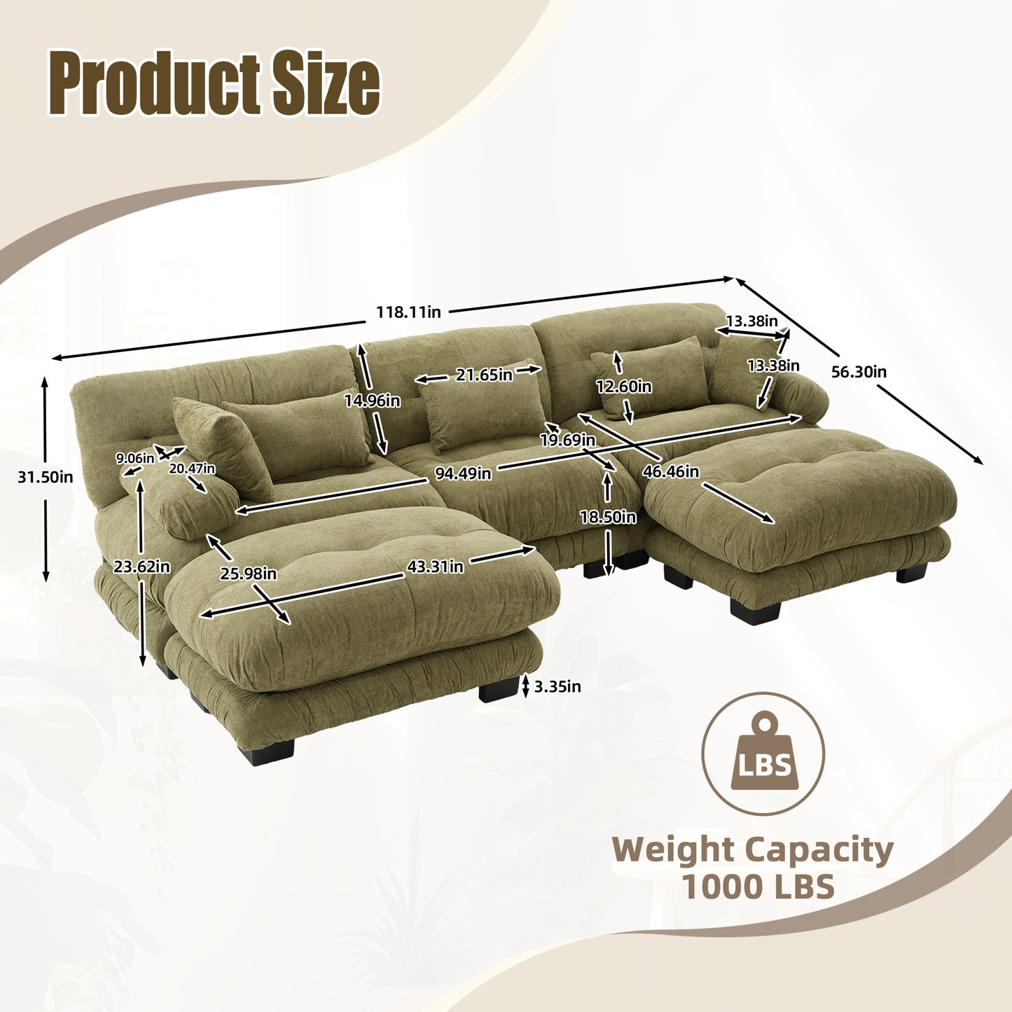 UNITED WE WIN Pelletized velvet U Shape Cloud Couch with 2 Ottomans,Free Combined 3 Seater Comfy Sofa with Bolster Armrest Pillows, sofa for Living Room-海智集-Default-