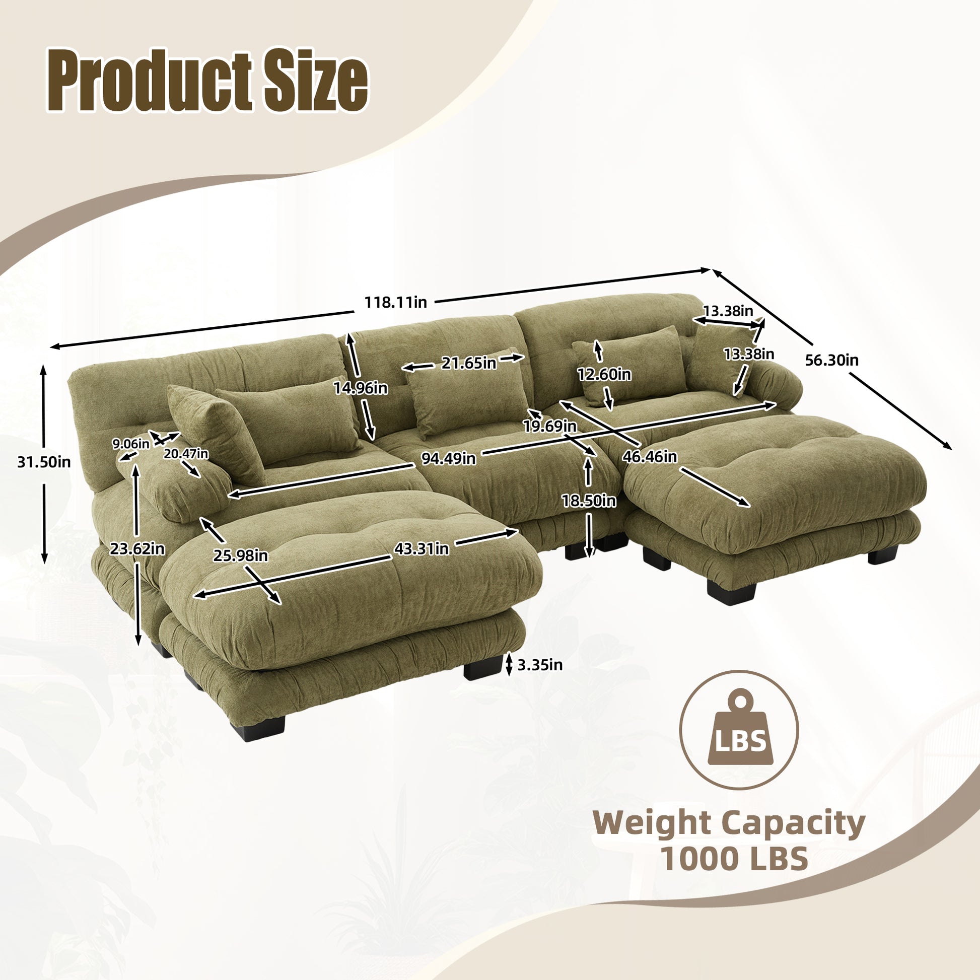 UNITED WE WIN Pelletized velvet U Shape Cloud Couch with 2 Ottomans,Free Combined 3 Seater Comfy Sofa with Bolster Armrest Pillows, sofa for Living Room-海智集-Default-