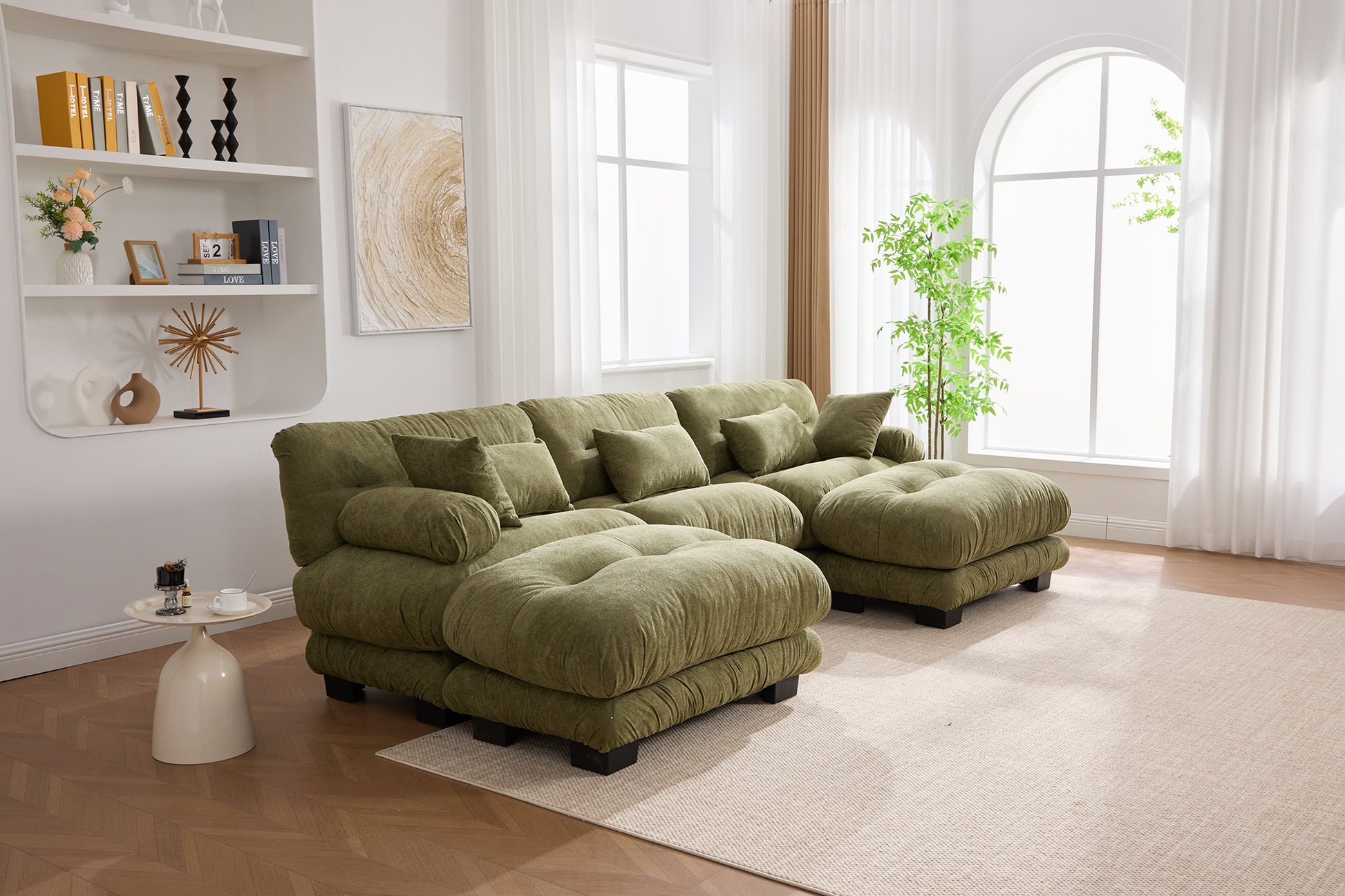 UNITED WE WIN Pelletized velvet U Shape Cloud Couch with 2 Ottomans,Free Combined 3 Seater Comfy Sofa with Bolster Armrest Pillows, sofa for Living Room-海智集-Default-