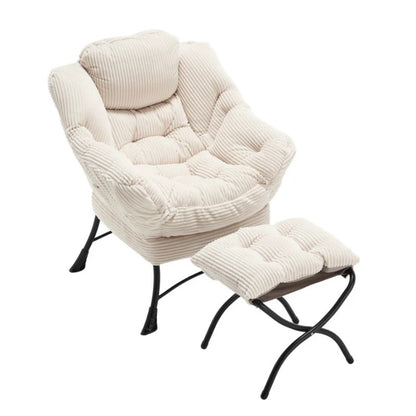 Lazy Chair with Ottoman, Modern Lounge Accent Chair with Armrests and a Side Pocket, Leisure Upholstered Sofa Chair Reading Chair with Footrest for Small Space, Corner Chair-White-海智集-Default-