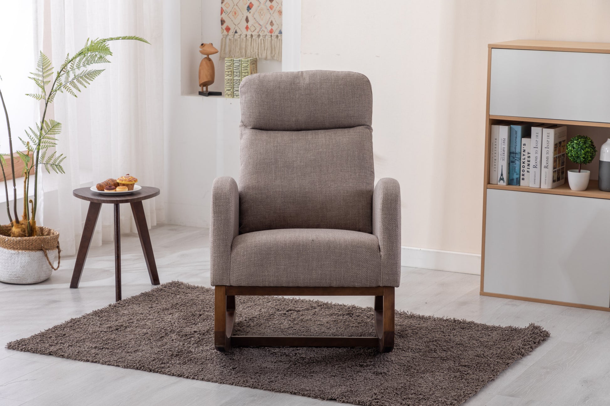 Rocking Chair, Modern Glider Chair, Recliner Armchair with Wood Legs and Side Pocket, Nursery Rocking Accent Chair with High Back for Living Room Bedroom (Grey linen)-海智集-Default-