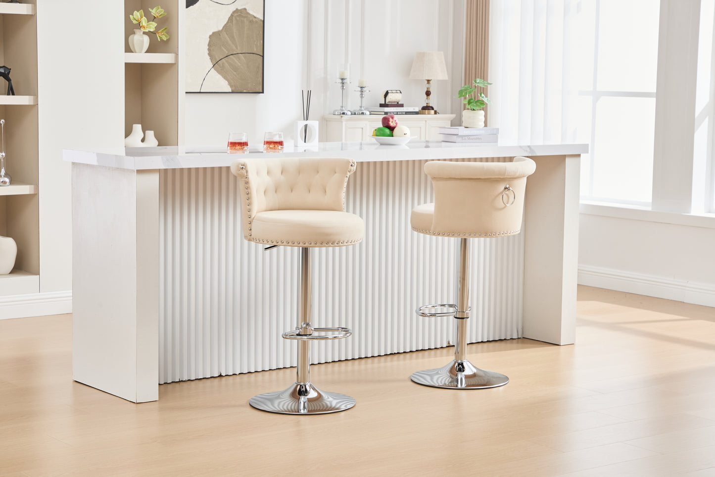 COOLMORE Velvet Bar Stool Set of 2, Adjustable Swivel Bar Stools with Silver Plated Metal Leg, Chrome Nailhead, Counter Height Chair for Kitchen,Dining Room-海智集-Default-
