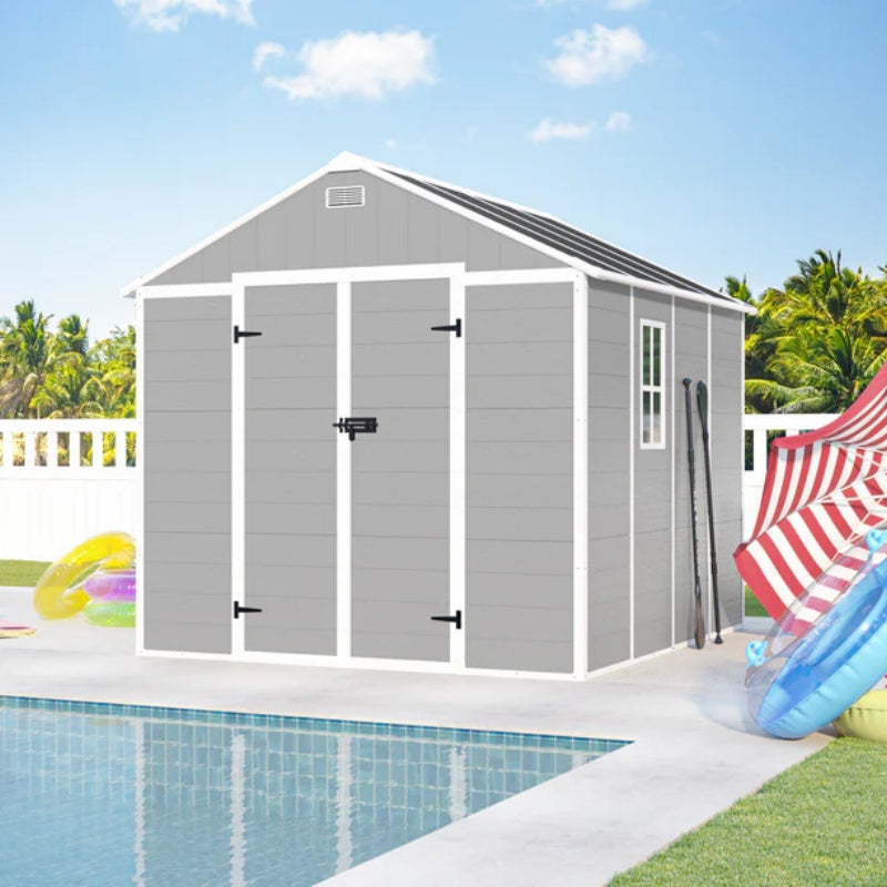 Campcraft 8*8ft resin storage shed, high quality pp material, strong structure, waterproof, rust and UV proof, large storage space, 12mm thick pp board, HD window lighting-海智集-Default-
