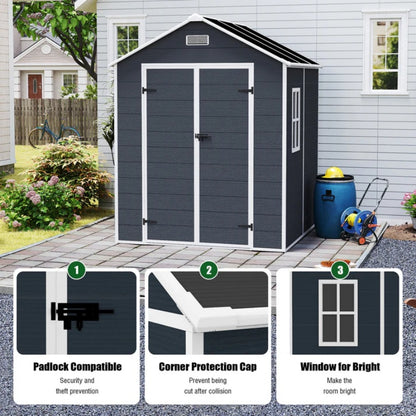 Campcraft 6*6ft resin storage shed, high quality pp material, strong structure, waterproof, rust and UV proof, large storage space, 12mm thick pp board, HD window lighting Dark gray-海智集-Default-