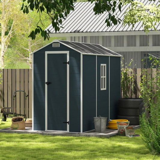 Campcraft 4*8ft resin storage shed, high quality pp material, strong structure, waterproof, rust and UV proof, large storage space, 12mm thick pp board, HD window lighting Dark gray-海智集-Default-