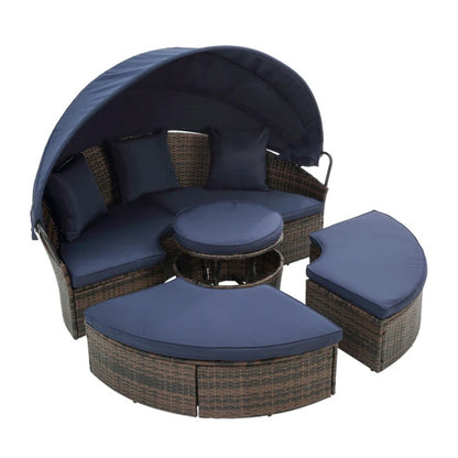 Hot Sale KD Rattan Round Lounge With Canopy Bali Canopy Bed Outdoor, Wicker Outdoor Sofa Bed with lift coffee table-海智集-Default-