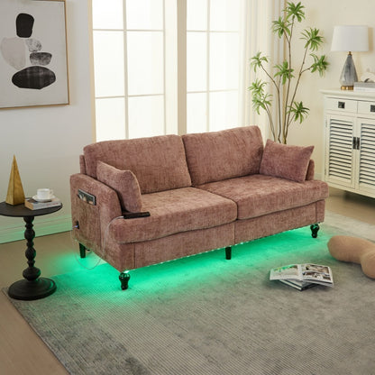 Modern Chenille 2-Seater Sofa with LED Light, USB Port, and Storage Bag in Pink-海智集-Default-
