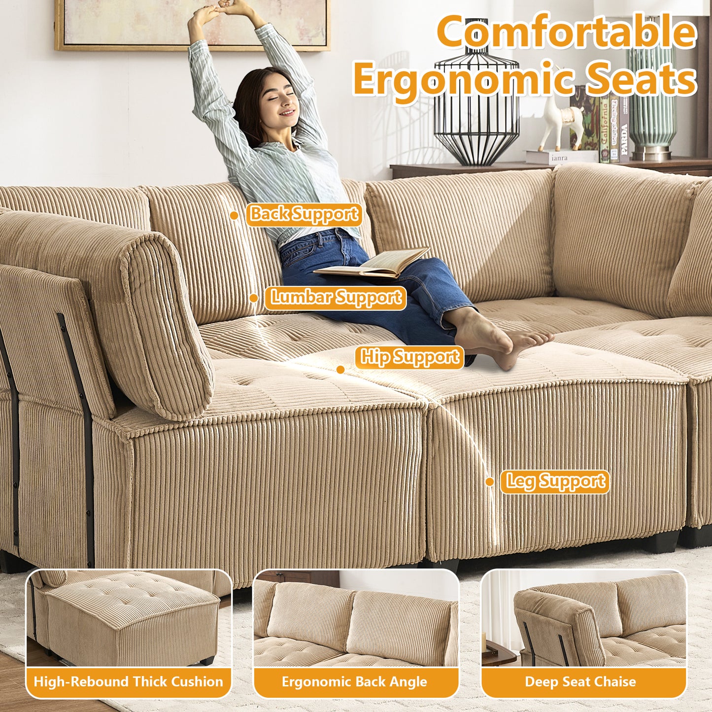 UNITED WE WIN Modular Sectional Sofa U Shaped Modular Couch with Reversible Chaise Modular Sofa Sectional Couch,6- Seat Convertible Sofa,Fit for Living Room-海智集-Default-