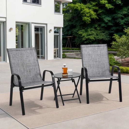 3 Piece Patio set, Outdoor Camping Chairs with Breathable Textilene Fabric, folding table with steel table top, 2chairs and 1table set ( Grey)-海智集-Default-